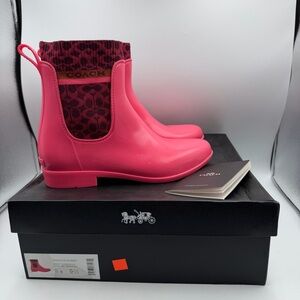 Coach Rivington Pink Rubber Rain Boots Sock Logo US 11B